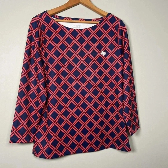 Vineyard Vines Sankaty Boatneck Deep Bay Geo Top Womens M Navy Red Texas 3/4 Slv - Picture 1 of 9